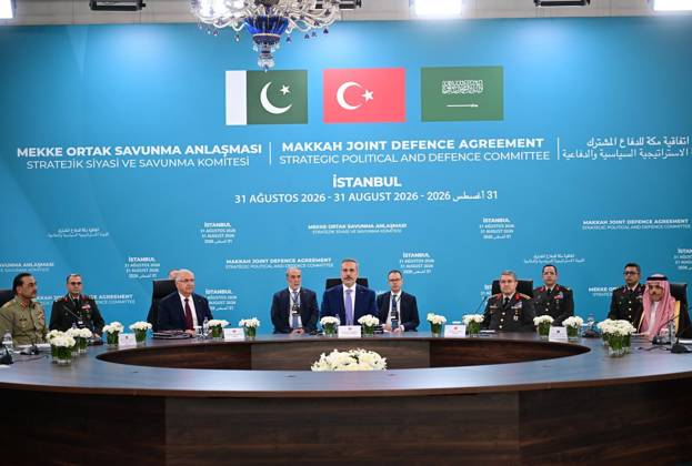 First committee meeting of Mecca Joint Defense Agreement begins in Istanbul ISTANBUL, TURKIYE - AUGUST 31: (----EDITORIAL USE ONLY MANDATORY CREDIT - TURKISH FOREIGN MINISTRY HANDOUT - NO MARKETING NO ADVERTISING CAMPAIGNS - DISTRIBUTED AS A SERVICE TO CLIENTS----) Turkish Foreign Minister Hakan Fidan, Turkish National Defense Minister Yasar Guler, Turkish Chief of General Staff Gen. Selcuk Bayraktaroglu, Pakistani Foreign Minister Muhammad Ishaq Dar, Pakistani Defense Minister Khawaja Muhammad Asif, Pakistani Chief of Army Staff Field Marshal Asim Munir, Saudi Foreign Minister Faisal bin Farhan, Saudi Defense Minister Khalid bin Salman and Saudi Chief of General Staff Gen. Fayyadh bin Hamed Al-Ruwaili attend the first meeting of the St  Copyright: x2026xAnadoluxTurkishxForeignxMinistry Handoutx