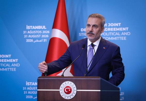 First committee meeting of Mecca Joint Defense Agreement begins in Istanbul ISTANBUL, TURKIYE - AUGUST 31: (----EDITORIAL USE ONLY MANDATORY CREDIT - TURKISH FOREIGN MINISTRY HANDOUT - NO MARKETING NO ADVERTISING CAMPAIGNS - DISTRIBUTED AS A SERVICE TO CLIENTS----) Turkish Foreign Minister Hakan Fidan holds a press conference following the first meeting of the Strategic Political and Defense Committee, established under the Mecca Joint Defense Agreement, in Istanbul, Turkiye, on August 31, 2026. Turkish Foreign Ministry Handout Anadolu Istanbul Turkey. Editorial use only. Please get in touch for any other usage.  Copyright: x2026xAnadoluxTurkishxForeignxMinistryx xHandoutx
