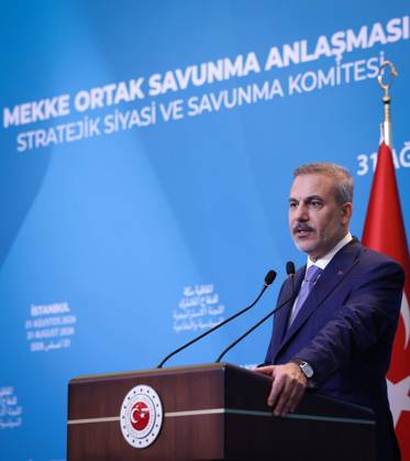 First committee meeting of Mecca Joint Defense Agreement begins in Istanbul ISTANBUL, TURKIYE - AUGUST 31: (----EDITORIAL USE ONLY MANDATORY CREDIT - TURKISH FOREIGN MINISTRY HANDOUT - NO MARKETING NO ADVERTISING CAMPAIGNS - DISTRIBUTED AS A SERVICE TO CLIENTS----) Turkish Foreign Minister Hakan Fidan holds a press conference following the first meeting of the Strategic Political and Defense Committee, established under the Mecca Joint Defense Agreement, in Istanbul, Turkiye, on August 31, 2026. Turkish Foreign Ministry Handout Anadolu Istanbul Turkey. Editorial use only. Please get in touch for any other usage.  Copyright: x2026xAnadoluxTurkishxForeignxMinistryx xHandoutx