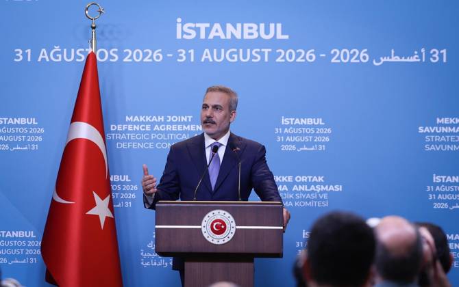 First committee meeting of Mecca Joint Defense Agreement begins in Istanbul ISTANBUL, TURKIYE - AUGUST 31: (----EDITORIAL USE ONLY MANDATORY CREDIT - TURKISH FOREIGN MINISTRY HANDOUT - NO MARKETING NO ADVERTISING CAMPAIGNS - DISTRIBUTED AS A SERVICE TO CLIENTS----) Turkish Foreign Minister Hakan Fidan holds a press conference following the first meeting of the Strategic Political and Defense Committee, established under the Mecca Joint Defense Agreement, in Istanbul, Turkiye, on August 31, 2026. Turkish Foreign Ministry Handout Anadolu Istanbul Turkey. Editorial use only. Please get in touch for any other usage.  Copyright: x2026xAnadoluxTurkishxForeignxMinistryx xHandoutx