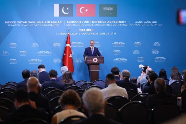First committee meeting of Mecca Joint Defense Agreement begins in Istanbul ISTANBUL, TURKIYE - AUGUST 31: (----EDITORIAL USE ONLY MANDATORY CREDIT - TURKISH FOREIGN MINISTRY HANDOUT - NO MARKETING NO ADVERTISING CAMPAIGNS - DISTRIBUTED AS A SERVICE TO CLIENTS----) Turkish Foreign Minister Hakan Fidan holds a press conference following the first meeting of the Strategic Political and Defense Committee, established under the Mecca Joint Defense Agreement, in Istanbul, Turkiye, on August 31, 2026. Turkish Foreign Ministry Handout Anadolu Istanbul Turkey. Editorial use only. Please get in touch for any other usage.  Copyright: x2026xAnadoluxTurkishxForeignxMinistryx xHandoutx