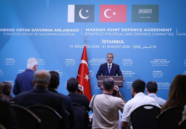 First committee meeting of Mecca Joint Defense Agreement begins in Istanbul ISTANBUL, TURKIYE - AUGUST 31: (----EDITORIAL USE ONLY MANDATORY CREDIT - TURKISH FOREIGN MINISTRY HANDOUT - NO MARKETING NO ADVERTISING CAMPAIGNS - DISTRIBUTED AS A SERVICE TO CLIENTS----) Turkish Foreign Minister Hakan Fidan holds a press conference following the first meeting of the Strategic Political and Defense Committee, established under the Mecca Joint Defense Agreement, in Istanbul, Turkiye, on August 31, 2026. Turkish Foreign Ministry Handout Anadolu Istanbul Turkey. Editorial use only. Please get in touch for any other usage.  Copyright: x2026xAnadoluxTurkishxForeignxMinistryx xHandoutx