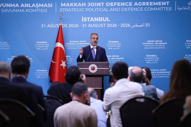 First committee meeting of Mecca Joint Defense Agreement begins in Istanbul ISTANBUL, TURKIYE - AUGUST 31: (----EDITORIAL USE ONLY MANDATORY CREDIT - TURKISH FOREIGN MINISTRY HANDOUT - NO MARKETING NO ADVERTISING CAMPAIGNS - DISTRIBUTED AS A SERVICE TO CLIENTS----) Turkish Foreign Minister Hakan Fidan holds a press conference following the first meeting of the Strategic Political and Defense Committee, established under the Mecca Joint Defense Agreement, in Istanbul, Turkiye, on August 31, 2026. Turkish Foreign Ministry Handout Anadolu Istanbul Turkey. Editorial use only. Please get in touch for any other usage.  Copyright: x2026xAnadoluxTurkishxForeignxMinistryx xHandoutx