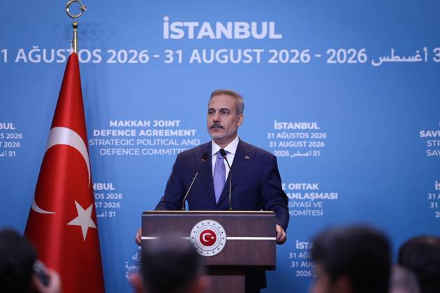 First committee meeting of Mecca Joint Defense Agreement begins in Istanbul ISTANBUL, TURKIYE - AUGUST 31: (----EDITORIAL USE ONLY MANDATORY CREDIT - TURKISH FOREIGN MINISTRY HANDOUT - NO MARKETING NO ADVERTISING CAMPAIGNS - DISTRIBUTED AS A SERVICE TO CLIENTS----) Turkish Foreign Minister Hakan Fidan holds a press conference following the first meeting of the Strategic Political and Defense Committee, established under the Mecca Joint Defense Agreement, in Istanbul, Turkiye, on August 31, 2026. Turkish Foreign Ministry Handout Anadolu Istanbul Turkey. Editorial use only. Please get in touch for any other usage.  Copyright: x2026xAnadoluxTurkishxForeignxMinistryx xHandoutx