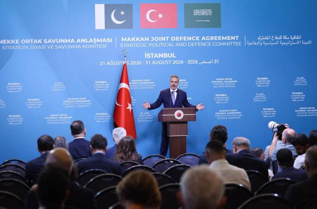 First committee meeting of Mecca Joint Defense Agreement begins in Istanbul ISTANBUL, TURKIYE - AUGUST 31: (----EDITORIAL USE ONLY MANDATORY CREDIT - TURKISH FOREIGN MINISTRY HANDOUT - NO MARKETING NO ADVERTISING CAMPAIGNS - DISTRIBUTED AS A SERVICE TO CLIENTS----) Turkish Foreign Minister Hakan Fidan holds a press conference following the first meeting of the Strategic Political and Defense Committee, established under the Mecca Joint Defense Agreement, in Istanbul, Turkiye, on August 31, 2026. Turkish Foreign Ministry Handout Anadolu Istanbul Turkey. Editorial use only. Please get in touch for any other usage.  Copyright: x2026xAnadoluxTurkishxForeignxMinistryx xHandoutx