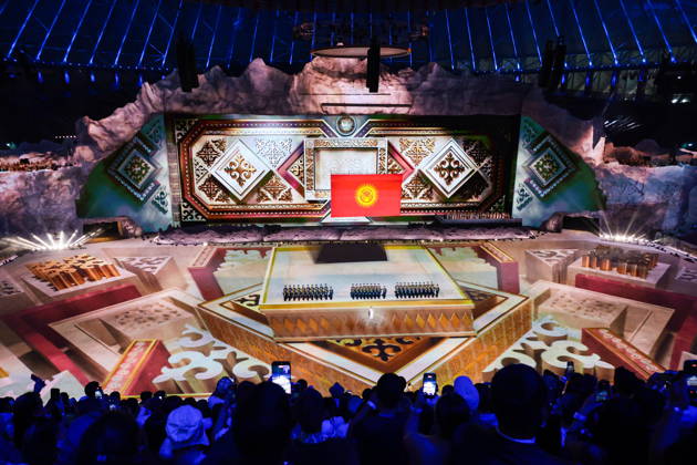 KYRGYZSTAN, BISHKEK - AUGUST 31, 2026: A large national flag of Kyrgyzstan appears during a ceremony to open the 2026 World Nomad Games at Bishkek Arena. Kirill Kukhmar TASS  96909784