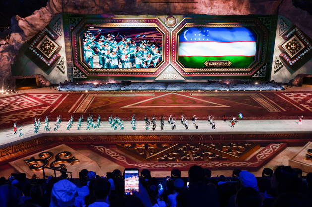 KYRGYZSTAN, BISHKEK - AUGUST 31, 2026: A team of athletes represents Uzbekistan during a ceremony to open the 2026 World Nomad Games at Bishkek Arena. Kirill Kukhmar TASS  96911421