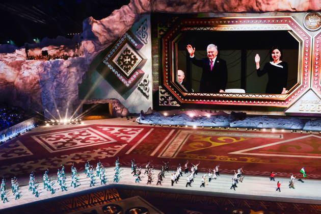 KYRGYZSTAN, BISHKEK - AUGUST 31, 2026: A team of athletes represents Uzbekistan during a ceremony to open the 2026 World Nomad Games at Bishkek Arena, with President Shavkat Mirziyoyev and his wife Ziroat displayed on one the screens Bishkek Kyrgyzstan  - ZUMAt113 20260831_zaa_t113_340 Copyright: xKirillxKukhmarx
