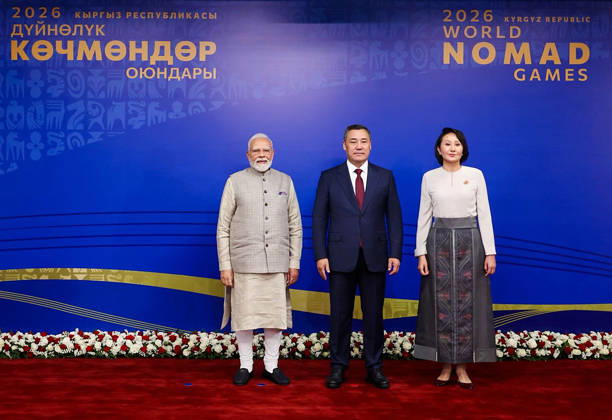 RECORD DATE NOT STATED PM Modi attends the opening ceremony of the 6th World Nomad Games Bishkek Kyrgyzstan , Aug 31 (ANI): Prime Minister Narendra Modi poses for a picture with Kyrgyz President Sadyr Japarov and his wife, Aigul Japarova, at the opening ceremony of the 6th World Nomad Games at Bishkek Arena Stadium, in Bishkek on Monday. (@narendramodi X ANI Photo) Bishkek Kyrgyzstan Copyright: xANIx ANI_20260831508