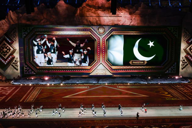 KYRGYZSTAN, BISHKEK - AUGUST 31, 2026: A team of athletes represents Pakistan during a ceremony to open the 2026 World Nomad Games at Bishkek Arena Bishkek Kyrgyzstan  - ZUMAt113 20260831_zaa_t113_407 Copyright: xKirillxKukhmarx