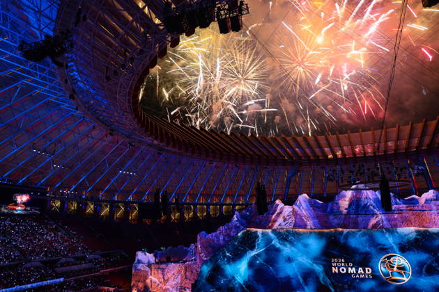 KYRGYZSTAN, BISHKEK - AUGUST 31, 2026: Fireworks go off during a ceremony to open the 2026 World Nomad Games at Bishkek Arena Bishkek Kyrgyzstan  - ZUMAt113 20260831_zaa_t113_418 Copyright: xKirillxKukhmarx