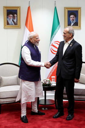 September 1, 2026, Bishkek, Kyrgyzstan: Indian Prime Minister Narendra Modi shakes hands with Iranian President Masoud Pezeshkian following their meeting on the sidelines of the Shanghai Cooperation Organisation summit in Bishkek, Kyrgyzstan, on August 31, 2026. The two leaders discussed bilateral relations and recent developments in West Asia, with both sides emphasizing diplomatic efforts toward regional peace and stability. Modi reiterated India s position that disputes should be resolved through dialogue and diplomacy and stressed the importance of protecting civilians, commercial shipping and freedom of navigation. Bishkek Kyrgyzstan - ZUMAi98_ 20260901_zih_i98_009 Copyright: xIranianxPresidencyx