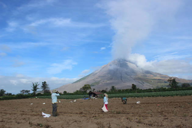 Volcanic activity continues at Mount Sinabung following massive eruption KARO, INDONESIA - SEPTEMBER 1: Workers on a field as volcanic activity continues at Mount Sinabung as it spews volcanic material in Karo Regency, North Sumatra, Indonesia, on September 1, 2026. Following a massive eruption on August 31 that sent a thick column of volcanic ash approximately 3,500 meters (3.5 kilometers) above its summit, the ongoing ashfall and atmospheric disruptions led to the cancellation of 21 flights to and from Kualanamu International Airport. Risky Cahyadi Anadolu Karo Indonesia. Editorial use only. Please get in touch for any other usage.  Copyright: x2026xAnadoluxRiskyxCahyadix