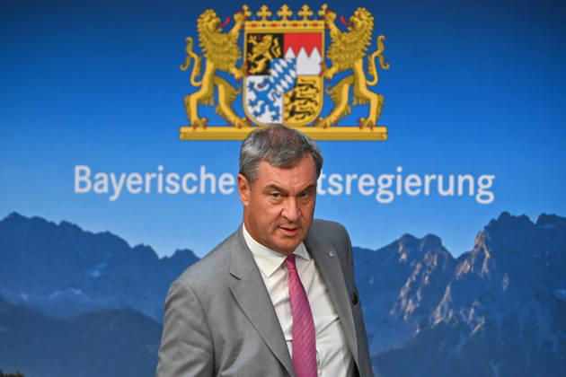Markus SOEDER, Minister-President of Bavaria and CSU Chairman, and the logo of the Bavarian State Government; single image, cropped close-up, portrait,Portrait: Press conference of the Bavarian State Government following a cabinet meeting on September 1, 2026, at the Prinz Carl Palais in Munich