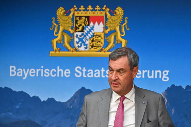 Markus SOEDER, Minister-President of Bavaria and CSU Chairman, and the logo of the Bavarian State Government; single image, cropped close-up, portrait,Portrait: Press conference of the Bavarian State Government following a cabinet meeting on September 1, 2026, at the Prinz Carl Palais in Munich
