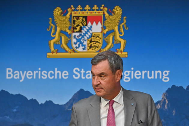 Markus SOEDER, Minister-President of Bavaria and CSU Chairman, and the logo of the Bavarian State Government; single image, cropped close-up, portrait,Portrait: Press conference of the Bavarian State Government following a cabinet meeting on September 1, 2026, at the Prinz Carl Palais in Munich
