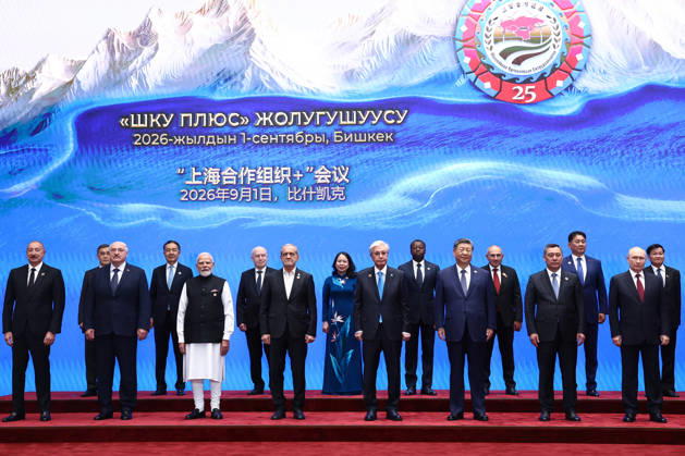 Leaders and senior representatives pose for a group photograph before the Shanghai Cooperation Organization (SCO) Plus meeting at the Yrys Ordo Congress Hall in Bishkek, Kyrgyzstan on Tuesday on September 1, 2026. photo by Iranian Presidency  KER2029090114 IranianxPresidency