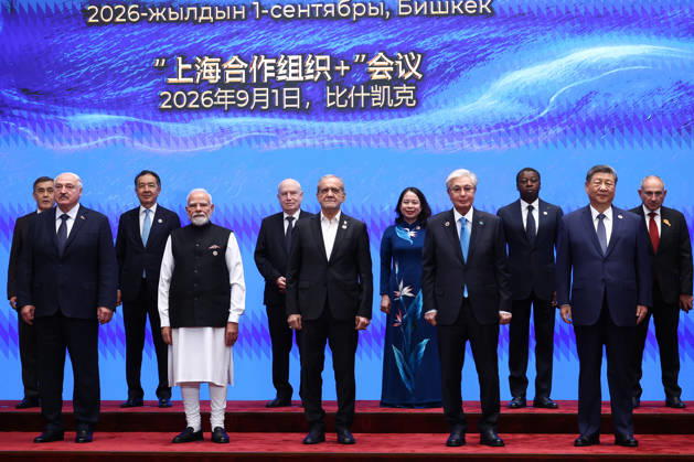 Leaders and senior representatives pose for a group photograph before the Shanghai Cooperation Organization (SCO) Plus meeting at the Yrys Ordo Congress Hall in Bishkek, Kyrgyzstan on Tuesday on September 1, 2026. photo by Iranian Presidency  KER2029090115 IranianxPresidency