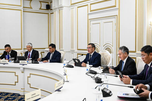 KYRGYZSTAN, BISHKEK - SEPTEMBER 1, 2026: Kyrgyzstan s President Sadyr Japarov (3rd R) is seen during a meeting with Russia s President Putin at the Ala Archa State Residence on the sidelines of the 2026 Shanghai Cooperation Organisation (SCO) Summit. Kristina Solovyova POOL TASS  96947970