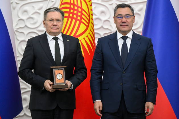 KYRGYZSTAN, BISHKEK - SEPTEMBER 1, 2026: Rosatom CEO Alexei Likhachev (L) and Kyrgyzstan s President Sadyr Japarov are seen during a meeting between Kyrgyz President Japarov and Russia s President Putin at the Ala Archa State Residence on the sidelines of the 2026 Shanghai Cooperation Organisation (SCO) Summit. Kristina Solovyova POOL TASS  96948248