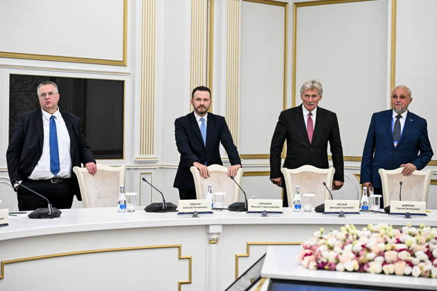 KYRGYZSTAN, BISHKEK - SEPTEMBER 1, 2026: Russia s Deputy Prime MInister Alexei Overchuk, Russia s Deputy Chief of Staff of the Presidential Executive Office Maxim Oreshkin, Russian President Putin s spokesman Dmitry Peskov and Russia s Minister of Energy Sergei Tsivilev (L-R) are seen during a meeting between Russia s President Putin and Kyrgyzstan s President Japarov at the Ala Archa State Residence on the sidelines of the 2026 Shanghai Cooperation Organisation (SCO) Summit. Kristina Solovyova POOL TASS  96948153