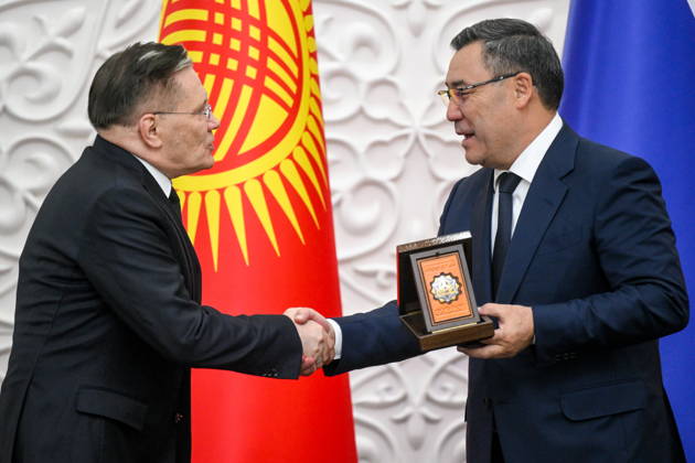 KYRGYZSTAN, BISHKEK - SEPTEMBER 1, 2026: Rosatom CEO Alexei Likhachev (L) and Kyrgyzstan s President Sadyr Japarov are seen during a meeting between Kyrgyz President Japarov and Russia s President Putin at the Ala Archa State Residence on the sidelines of the 2026 Shanghai Cooperation Organisation (SCO) Summit. Kristina Solovyova POOL TASS  96948245