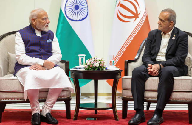 September 1, 2026, Bishkek, Kyrgyzstan: Indian Prime Minister Narendra Modi, left, chats with Iranian President Masoud Pezeshkian, right, during their bilateral meeting on the sidelines of the SCO Summit, August 31, 2026, in Bishkek, Kyrgyzstan. Bishkek Kyrgyzstan - ZUMAp138 20260901_zaa_p138_005 Copyright: xPib PressxInformationx