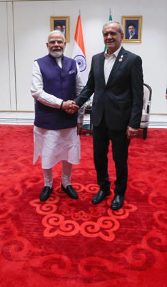 September 1, 2026, Bishkek, Kyrgyzstan: Indian Prime Minister Narendra Modi, left, shakes hands with Iranian President Masoud Pezeshkian, right, before their bilateral meeting on the sidelines of the SCO Summit, August 31, 2026, in Bishkek, Kyrgyzstan. Bishkek Kyrgyzstan - ZUMAp138 20260901_zaa_p138_006 Copyright: xPib PressxInformationx
