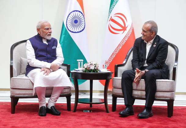 September 1, 2026, Bishkek, Kyrgyzstan: Indian Prime Minister Narendra Modi, left, chats with Iranian President Masoud Pezeshkian, right, during their bilateral meeting on the sidelines of the SCO Summit, August 31, 2026, in Bishkek, Kyrgyzstan. Bishkek Kyrgyzstan - ZUMAp138 20260901_zaa_p138_007 Copyright: xPib PressxInformationx