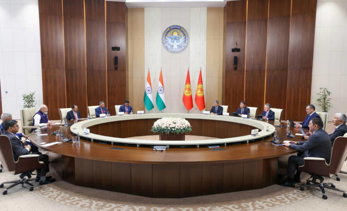 September 1, 2026, Bishkek, Kyrgyzstan: Indian Prime Minister Narendra Modi, left, and delegation during an expanded bilateral meeting with Kyrgyz President Sadyr Japarov, right, on the sidelines of the SCO Summit, August 31, 2026, in Bishkek, Kyrgyzstan. Bishkek Kyrgyzstan - ZUMAp138 20260901_zaa_p138_008 Copyright: xPib PressxInformationx
