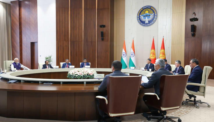 September 1, 2026, Bishkek, Kyrgyzstan: Indian Prime Minister Narendra Modi, left, and delegation during an expanded bilateral meeting with Kyrgyz President Sadyr Japarov, right, on the sidelines of the SCO Summit, August 31, 2026, in Bishkek, Kyrgyzstan. Bishkek Kyrgyzstan - ZUMAp138 20260901_zaa_p138_012 Copyright: xPib PressxInformationx