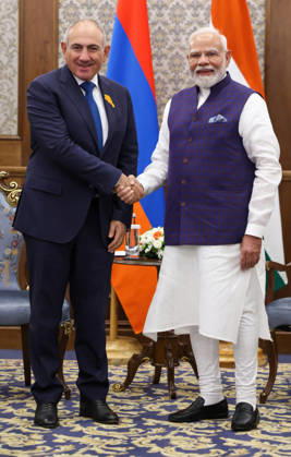 September 1, 2026, Bishkek, Kyrgyzstan: Indian Prime Minister Narendra Modi, right, shakes hands with Armenian President Nikol Pashinyan, left, before their bilateral meeting on the sidelines of the SCO Summit, August 31, 2026, in Bishkek, Kyrgyzstan. Bishkek Kyrgyzstan - ZUMAp138 20260901_zaa_p138_010 Copyright: xPib PressxInformationx