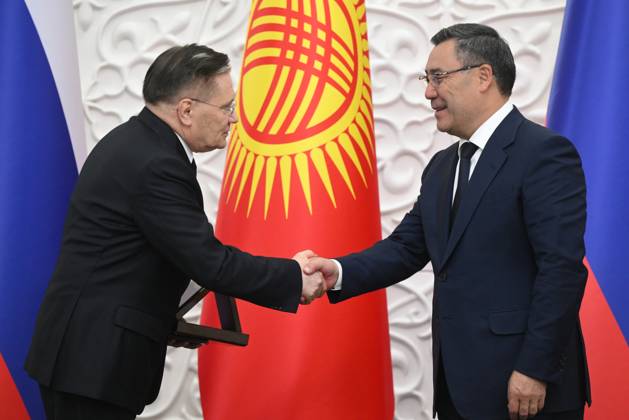 Kyrgyzstan Russia 9233058 01.09.2026 Kyrgyz President Sadyr Japarov awards Rosatom State Atomic Energy Corporation Director General Alexey Likhachev the Dostuk Order on the sidelines of the Shanghai Cooperation Organization (SCO) summit in Bishkek, Kyrgyzstan. Kristina Solovyova Sputnik Bishkek Kyrgyzstan  Copyright: xKristinaxSolovyovax