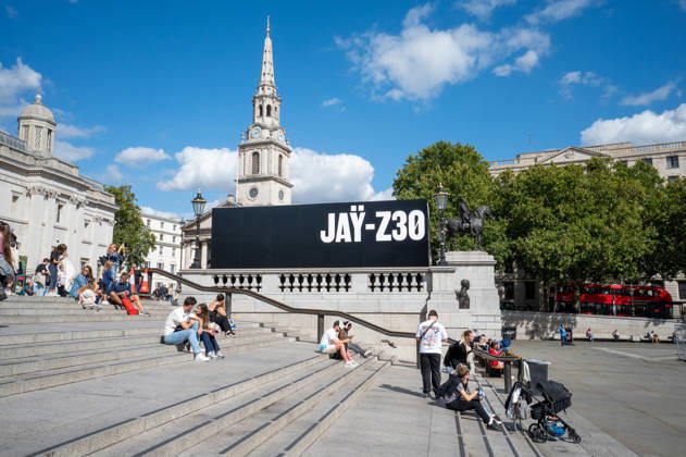 JAY-Z30 Pop Up Art Installation London, UK - 01 Sep 2026 People seen on stairs near the JAY-Z30 installation, in Trafalgar Square. An immersive Jay-Z30 installation will be displayed in Trafalgar Square, London, from September 1 to 5, celebrating the rapper’s upcoming Jay-Z 30 tour and two concerts at Tottenham Hotspur Stadium from September 4 to 5. Marking 30 years since his debut album, Reasonable Doubt, and 25 years since The Blueprint, visitors walked through and past the art installation, which featured vintage televisions screening music videos, performances and period programming, while others waited in line to purchase merchandise. London United Kingdom Copyright: xJamesxWilloughbyx xSOPAxImagesx JWILLOUGHBY_3223