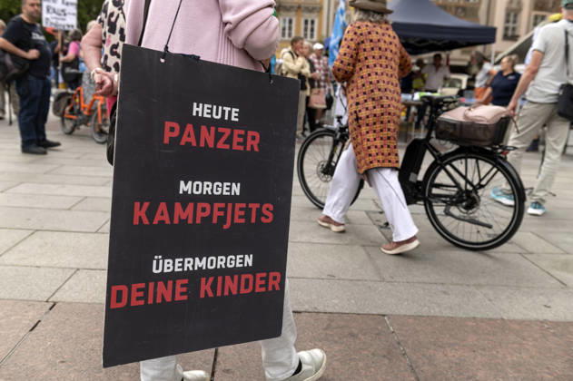 München Munich Germany 2nd September 2026 On the Marienplatz in the centre of the Bavarian city a peace demonstration and march takes place in the early evening. Heute Panzer. Morgen Kampfjets. übermorgen deine Kinder.