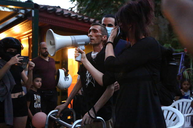September 2, 2026, Athens, Attica, Greece: Aristotelis Chantzis addresses supporters through a megaphone held by a fellow activist at the Prosfygika housing complex in Athens following his return from Evangelismos Hospital. Athens Greece - ZUMAx103 20260902_zip_x103_010 Copyright: xHarrisxXanthopoulosx