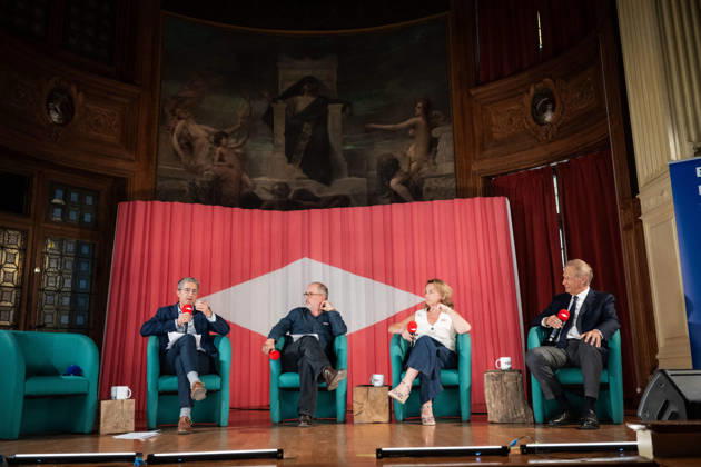 Debate between Ruffin and De Villepin organized by Liberation – Paris AJ Ecologiste et Social s MP Francois Ruffin, Former French Prime Minister and founder of the party La France Humaniste Dominique de Villepin, French journalist Thomas Legrand and Editorial Director of the French daily newspaper Liberation Sonia Delesalle-Stolper during a debate organized by the French daily newspaper « Liberation » in partnership with the rolling news channel BFM TV held at the Climate Academy (Academie du climat, l’academie du climat) in Paris, France, on September 2, 2026, in the context of the 2027 presidential election. Photo by Alexis Jumeau ABACAPRESS.COM Paris France  Copyright: xJumeauxAlexis ABACAx