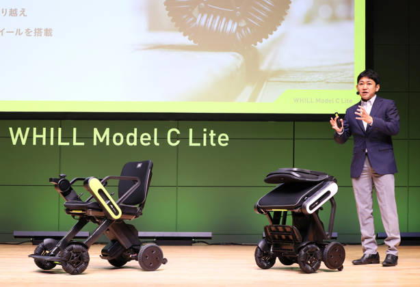September 3, 2026, Tokyo, Japan - Japanese personal mobility company Whill unveils the new lighweight folding electric wheelchair Whill Model C Lite in Tokyo on Thursday, September 3, 2026. The new mobility weighing 18.6kg body with carbon fiver reinforced plastics parts has omni-directional wheels for front wheels and high performance battery to drive 38.5km of distance. (photo by Yoshio Tsunoda AFLO)  aflo_344739875