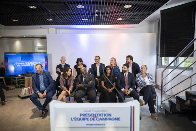 Gabriel Attal Present His Campaign Team - Paris General Secretary of French centrist party Renaissance and upcoming presidential election candidate Gabriel Attal during a press conference to present his campaign team (Maxime Cordier Franck Riester Fanny Anor Those Cazenave Prisca Thevenot Celine Geraud Jean Charles Orsucci Violette Spillebout Abdoulaye Kante Had Zahab Rachel Flore Pardo ) at the Renaissance headquarters in Paris on September 3, 2026. Photo by Eliot Blondet ABACAPRESS.COM Paris France France  Copyright: xBlondetxEliot ABACAx