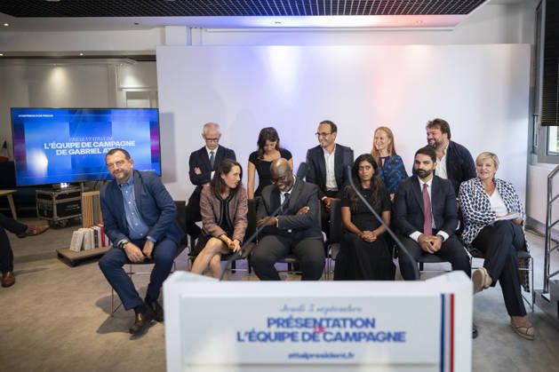Gabriel Attal Present His Campaign Team - Paris General Secretary of French centrist party Renaissance and upcoming presidential election candidate Gabriel Attal during a press conference to present his campaign team (Maxime Cordier Franck Riester Fanny Anor Those Cazenave Prisca Thevenot Celine Geraud Jean Charles Orsucci Violette Spillebout Abdoulaye Kante Had Zahab Rachel Flore Pardo ) at the Renaissance headquarters in Paris on September 3, 2026. Photo by Eliot Blondet ABACAPRESS.COM Paris France France  Copyright: xBlondetxEliot ABACAx
