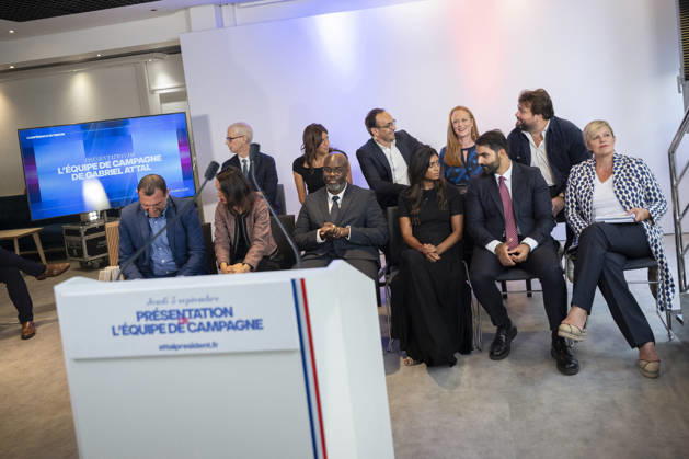 Gabriel Attal Present His Campaign Team - Paris General Secretary of French centrist party Renaissance and upcoming presidential election candidate Gabriel Attal during a press conference to present his campaign team (Maxime Cordier Franck Riester Fanny Anor Those Cazenave Prisca Thevenot Celine Geraud Jean Charles Orsucci Violette Spillebout Abdoulaye Kante Had Zahab Rachel Flore Pardo ) at the Renaissance headquarters in Paris on September 3, 2026. Photo by Eliot Blondet ABACAPRESS.COM Paris France France  Copyright: xBlondetxEliot ABACAx