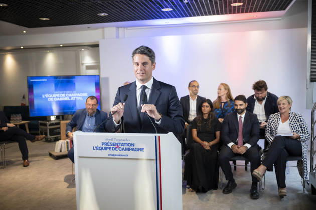Gabriel Attal Present His Campaign Team - Paris General Secretary of French centrist party Renaissance and upcoming presidential election candidate Gabriel Attal during a press conference to present his campaign team (Maxime Cordier Franck Riester Fanny Anor Those Cazenave Prisca Thevenot Celine Geraud Jean Charles Orsucci Violette Spillebout Abdoulaye Kante Had Zahab Rachel Flore Pardo ) at the Renaissance headquarters in Paris on September 3, 2026. Photo by Eliot Blondet ABACAPRESS.COM Paris France France  Copyright: xBlondetxEliot ABACAx