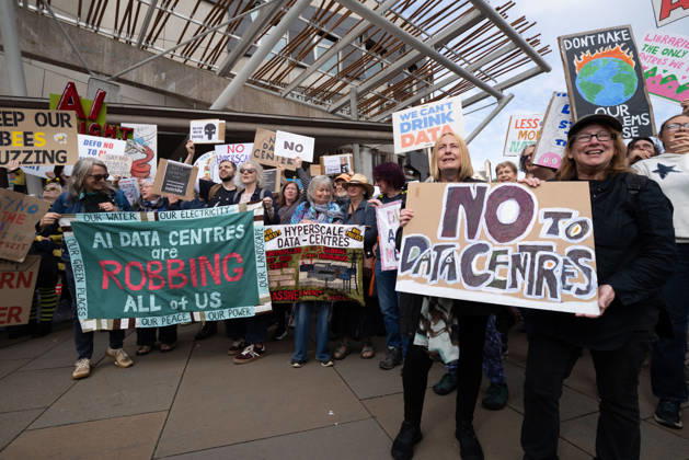 September 3, 2026, Edinburgh, Scotland, UK: Campaign group Action To Protect Rural Scotland, along with representatives from fourteen local campaign groups opposed to proposed AI data centres, held a protest outside the Scottish Parliament in Edinburgh. Campaigners are calling for an immediate moratorium on hyperscale data centres, arguing that they could place unprecedented demands on Scotlands electricity infrastructure and have environmental consequences for nearby communities. Edinburgh UK - ZUMAs357 20260903_zip_s357_008 Copyright: xCameronxScottx