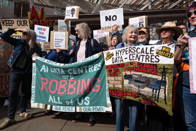 September 3, 2026, Edinburgh, Scotland, UK: Campaign group Action To Protect Rural Scotland, along with representatives from fourteen local campaign groups opposed to proposed AI data centres, held a protest outside the Scottish Parliament in Edinburgh. Campaigners are calling for an immediate moratorium on hyperscale data centres, arguing that they could place unprecedented demands on Scotlands electricity infrastructure and have environmental consequences for nearby communities. Edinburgh UK - ZUMAs357 20260903_zip_s357_009 Copyright: xCameronxScottx