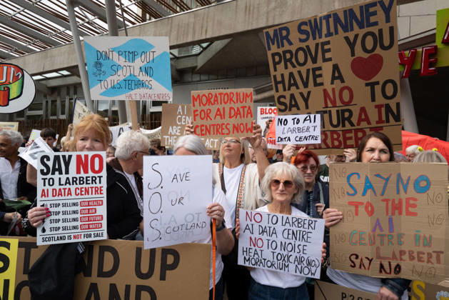 September 3, 2026, Edinburgh, Scotland, UK: Campaign group Action To Protect Rural Scotland, along with representatives from fourteen local campaign groups opposed to proposed AI data centres, held a protest outside the Scottish Parliament in Edinburgh. Campaigners are calling for an immediate moratorium on hyperscale data centres, arguing that they could place unprecedented demands on Scotlands electricity infrastructure and have environmental consequences for nearby communities. Edinburgh UK - ZUMAs357 20260903_zip_s357_010 Copyright: xCameronxScottx