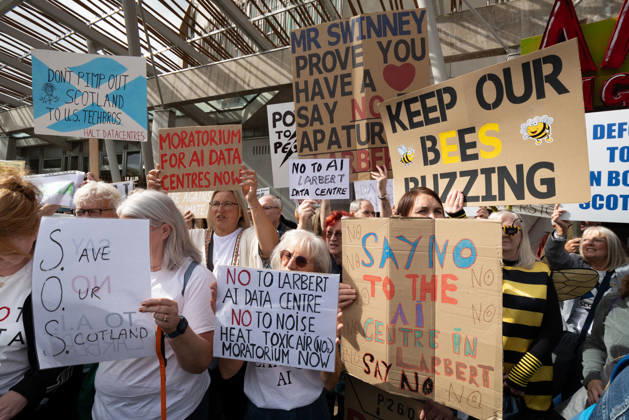 September 3, 2026, Edinburgh, Scotland, UK: Campaign group Action To Protect Rural Scotland, along with representatives from fourteen local campaign groups opposed to proposed AI data centres, held a protest outside the Scottish Parliament in Edinburgh. Campaigners are calling for an immediate moratorium on hyperscale data centres, arguing that they could place unprecedented demands on Scotlands electricity infrastructure and have environmental consequences for nearby communities. Edinburgh UK - ZUMAs357 20260903_zip_s357_012 Copyright: xCameronxScottx