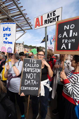 September 3, 2026, Edinburgh, Scotland, UK: Campaign group Action To Protect Rural Scotland, along with representatives from fourteen local campaign groups opposed to proposed AI data centres, held a protest outside the Scottish Parliament in Edinburgh. Campaigners are calling for an immediate moratorium on hyperscale data centres, arguing that they could place unprecedented demands on Scotlands electricity infrastructure and have environmental consequences for nearby communities. Edinburgh UK - ZUMAs357 20260903_zip_s357_021 Copyright: xCameronxScottx