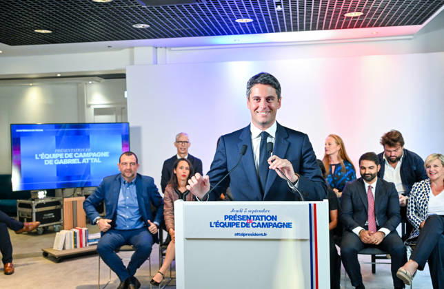 Gabriel Attal, secretary-general of the Renaissance party and candidate in the upcoming presidential election, speaks at a press conference to introduce his campaign team at the Renaissance headquarters in Paris, France, on September 3, 2026 Christian Liewig Bestimage General Secretary of the French centrist party Renaissance and upcoming presidential election candidate Gabriel Attal during a press conference to present his campaign team at the Renaissance headquarters in Paris, France, on September 3, 2026 Paris, France  Copyright: xChristianxLiewigx xBestimagexChristianxLiewigx xBestimagex