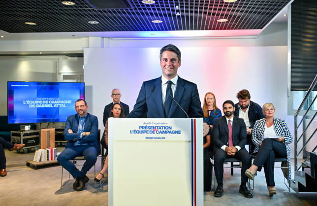 Gabriel Attal, secretary-general of the Renaissance party and candidate in the upcoming presidential election, speaks at a press conference to introduce his campaign team at Renaissance headquarters in Paris, France, on September 3, 2026 Christian Liewig Bestimage General Secretary of the French centrist party Renaissance and upcoming presidential election candidate Gabriel Attal during a press conference to present his campaign team at the Renaissance headquarters in Paris, France, on September 3, 2026 Paris France  Copyright: xChristianxLiewigx xBestimagexChristianxLiewigx xBestimagex