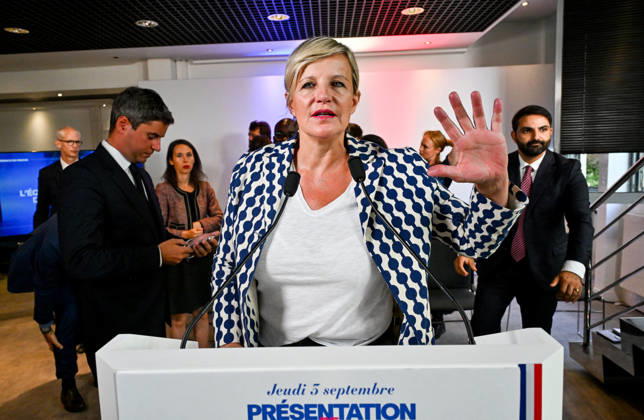 Céline Géraud, a former judoka and French television host; Gabriel Attal, secretary-general of the Renaissance party and candidate in the upcoming presidential election, speaks during a press conference to introduce his campaign team at the Renaissance headquarters in Paris, France, on September 3, 2026 Christian Liewig Bestimage General Secretary of the French centrist party Renaissance and upcoming presidential election candidate Gabriel Attal during a press conference to present his campaign team at the Renaissance headquarters in Paris, France, on September 3, 2026 Paris, France Copyright: xChristianxLiewigx xBestimagexChristianxLiewigx xBestimagex